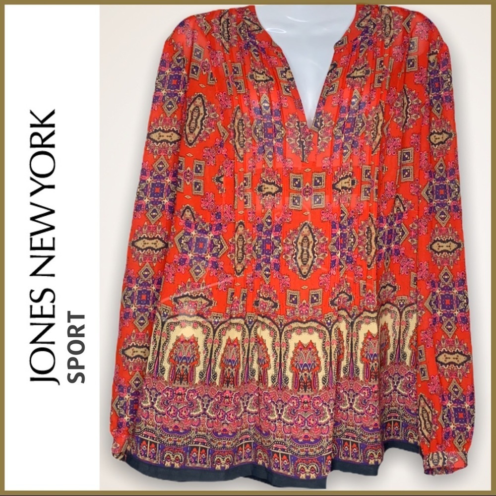 Jones New York Sport Sheer Red Print Blouse NWT